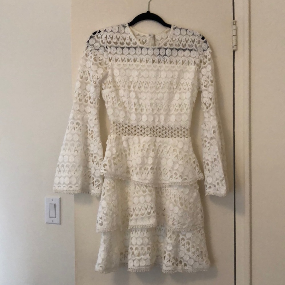 AQUA mixed lace white long sleeve mini dress